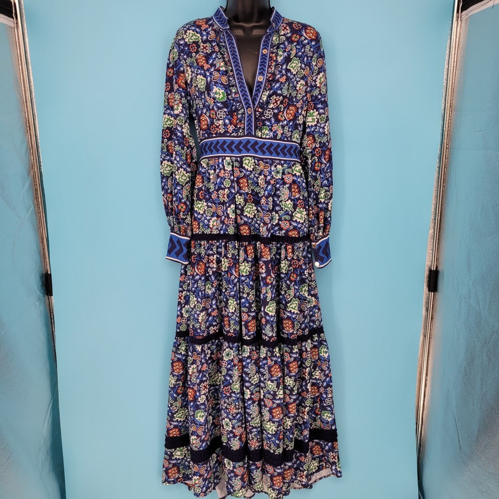 CK Bradley Whirlwind Navy Blue Floral Fleck Tiered Annabelle Maxi Dress S boho